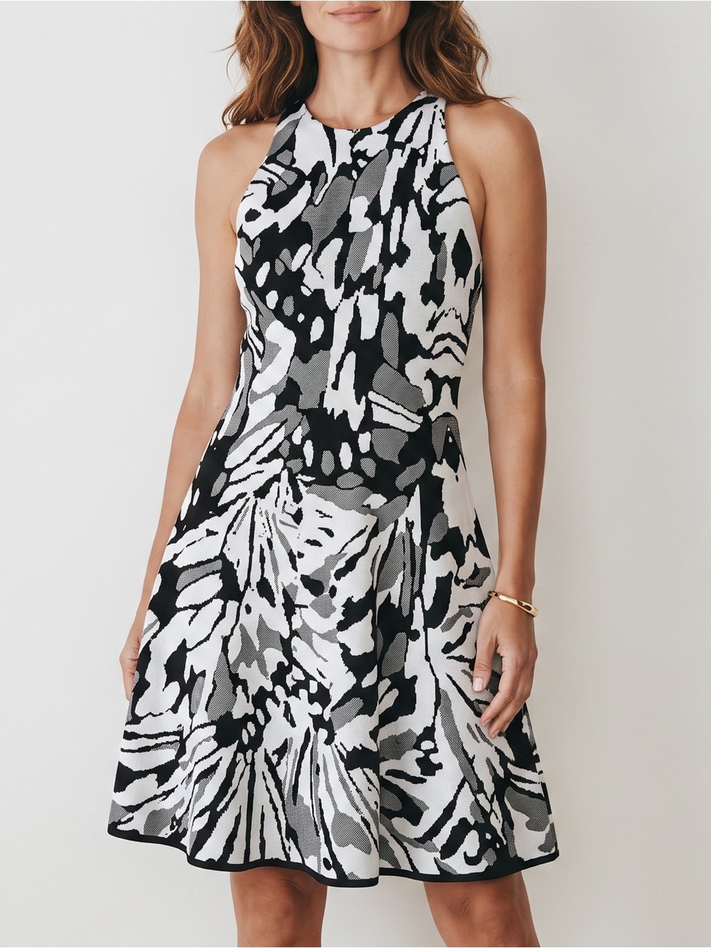 WHITE HOUSE BLACK MARKET Monochrome Abstract Jacquard Knit Fit & Flare Dress